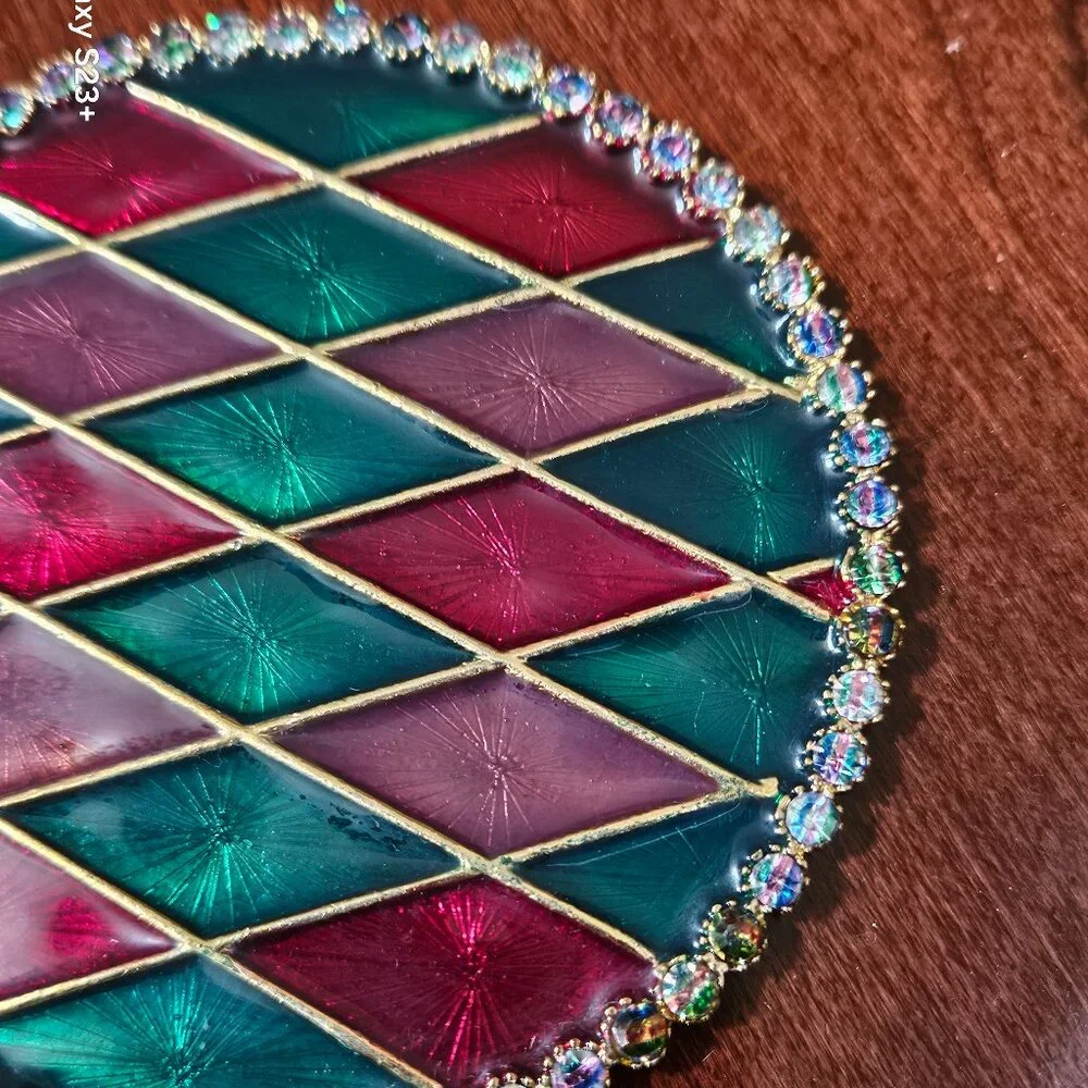 RARE JAY STRONGWATER PLAID ARGYLE HARLEQUIN CRYSTAL ENAMEL BAR DRINK COASTER
